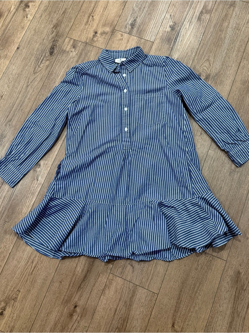 Tuckernuck Navy and White Striped Ruffle-Hem Shirt Dress